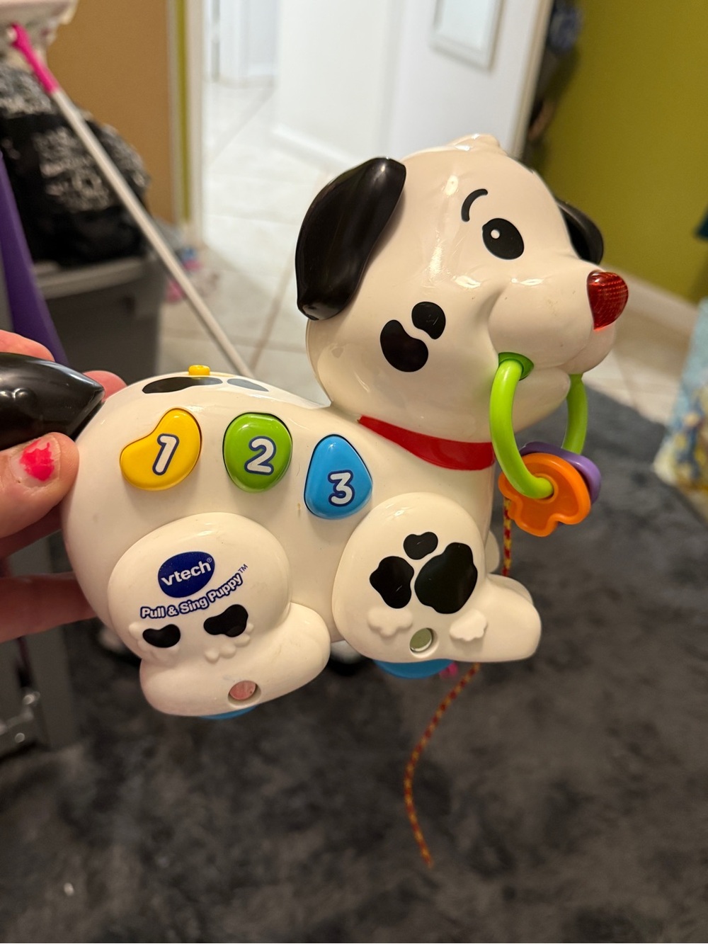 Vintage VTech Pull & Sing Puppy Toy - White with Black Spots